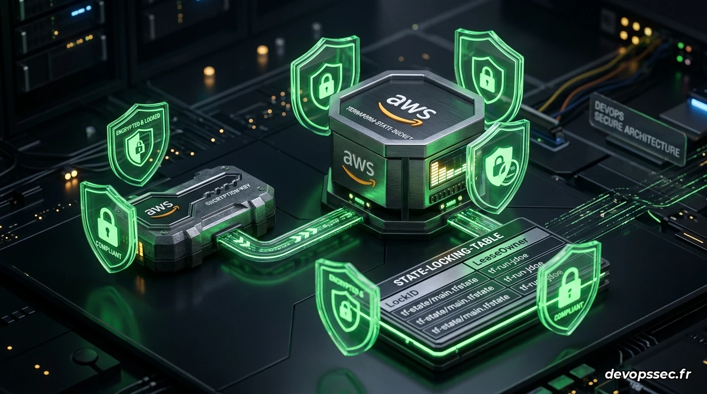 Un schéma d'architecture AWS sécurisé montrant un bucket S3 de stockage d'état Terraform verrouillé par une clé KMS personnalisée, avec des flèches d'authentification IAM sécurisées et une table de verrouillage DynamoDB.