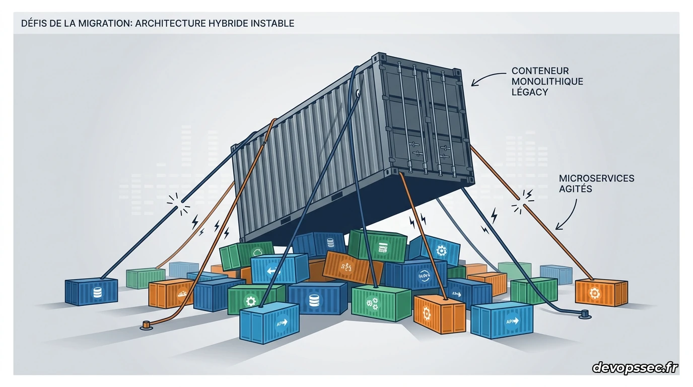Illustration métaphorique d'un cluster Kubernetes luttant pour maintenir une base de données