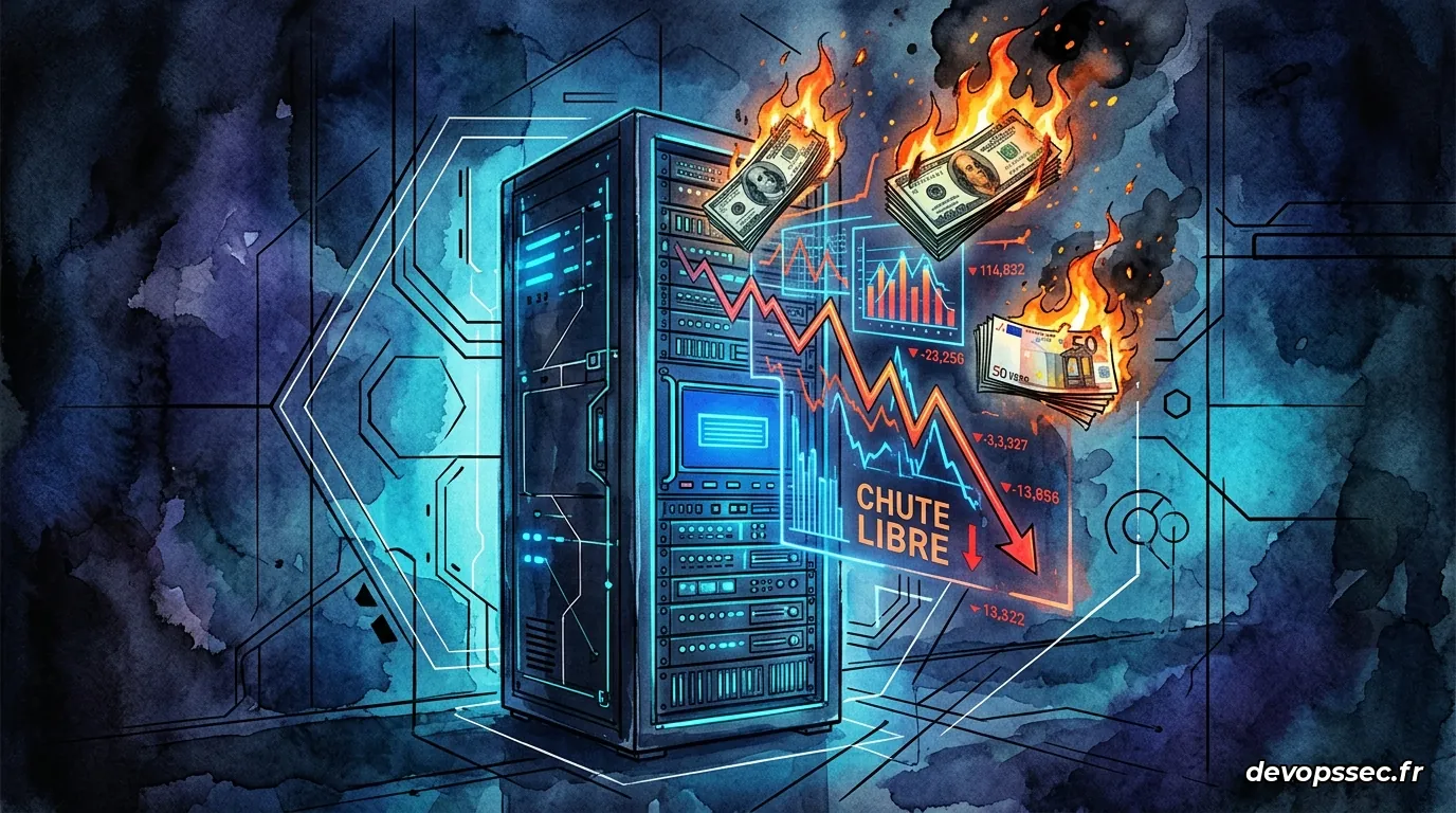 Illustration conceptuelle d'une baie de serveurs informatiques engloutie par des graphiques financiers rouges et des billets de banque qui se consument, symbolisant le coût exorbitant du monitoring cloud.