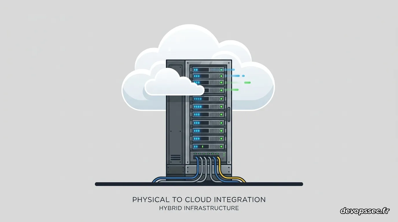 Illustration conceptuelle opposant un nuage abstrait de serveurs virtuels à une baie de serveurs physiques tangibles