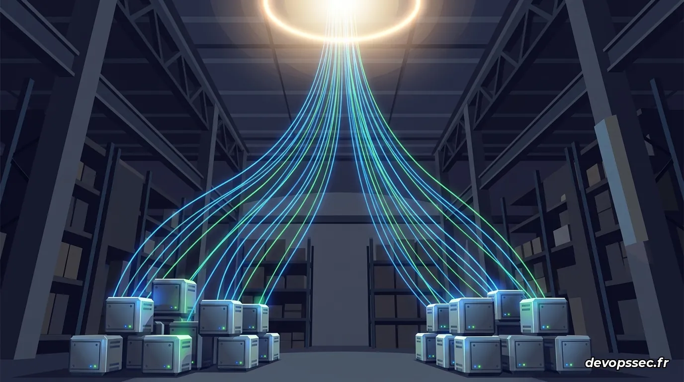 Une rangée de serveurs industriels compacts dans un entrepôt sombre, illuminés par des diodes bleues et vertes, avec des flux de données lumineux connectant les appareils vers un nuage central abstrait.