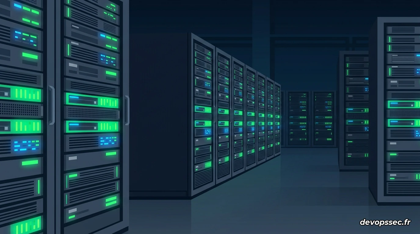 Baies de serveurs cloud lumineux représentant la puissance de calcul brute nécessaire pour l'intelligence artificielle