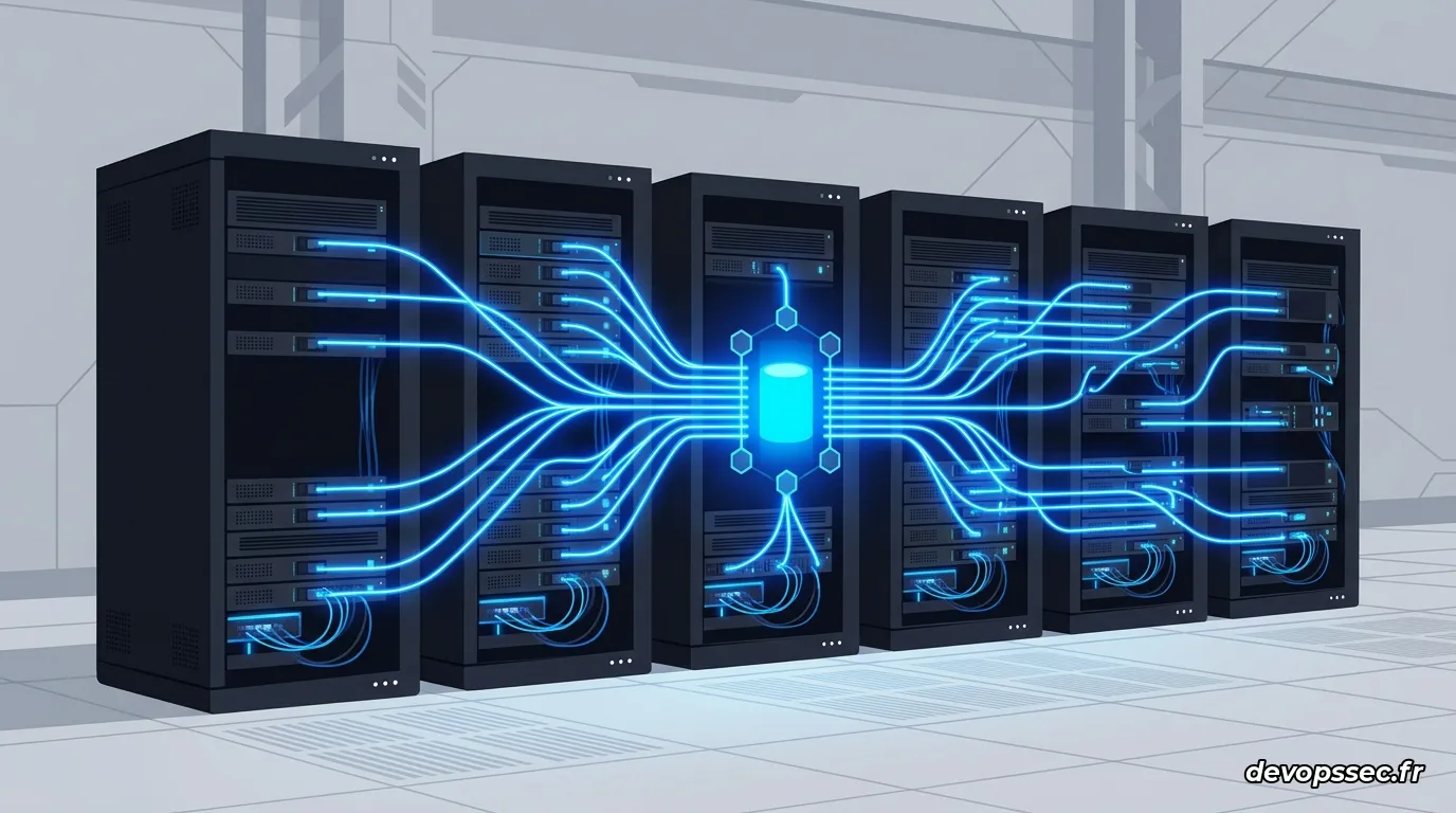 Un alignement de serveurs haute performance dans un data center, illuminés de faisceaux lumineux bleus représentant le flux rapide de la mémoire partagée et l'architecture matérielle désagrégée.