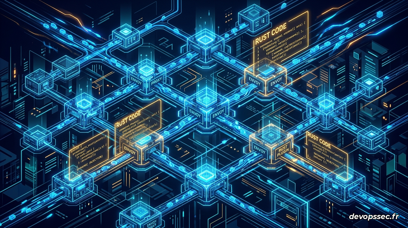 Illustration technique d'un Service Mesh où des modules WebAssembly s'insèrent dynamiquement dans le flux réseau