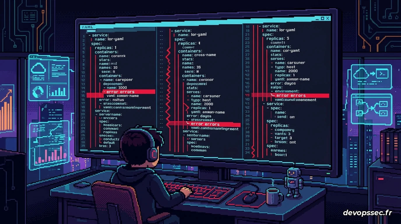 Représentation abstraite d'un développeur DevOps frustré devant un écran affichant des cascades de lignes de code YAML complexes et imbriquées, avec des erreurs d'indentation lumineuses en rouge.