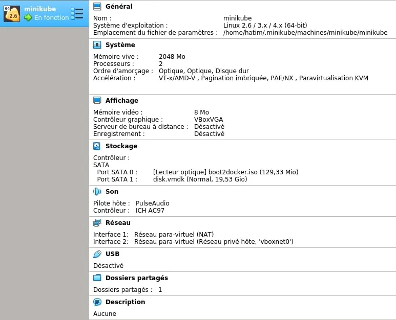 machine virtuelle Minikube créée dans VirtualBox