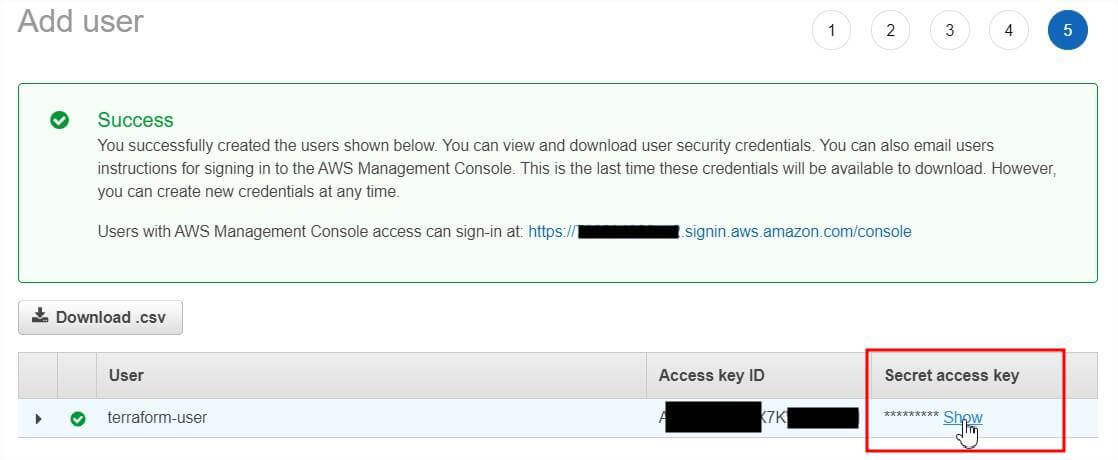 Affichage de la clé d'accès de notre utilisateur IAM d'AWS